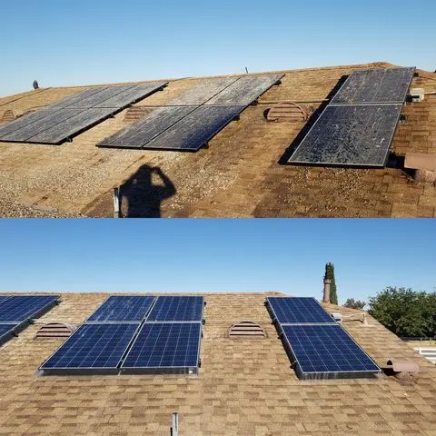 Before and after cleaning of rooftop solar panels on a shingle roof