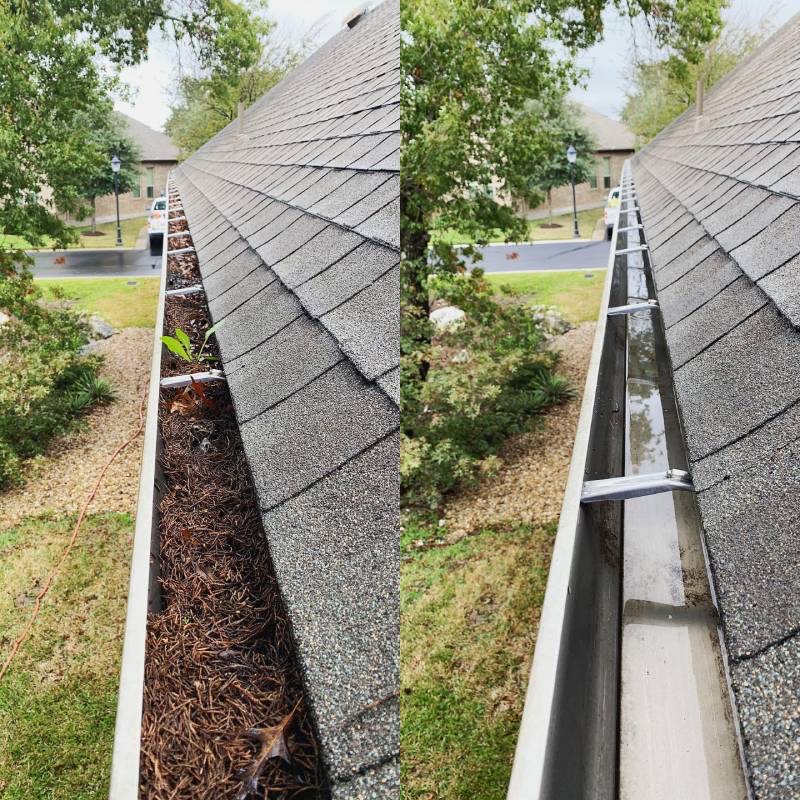 Before and after gutter cleaning showing a debris packed gutter cleared out