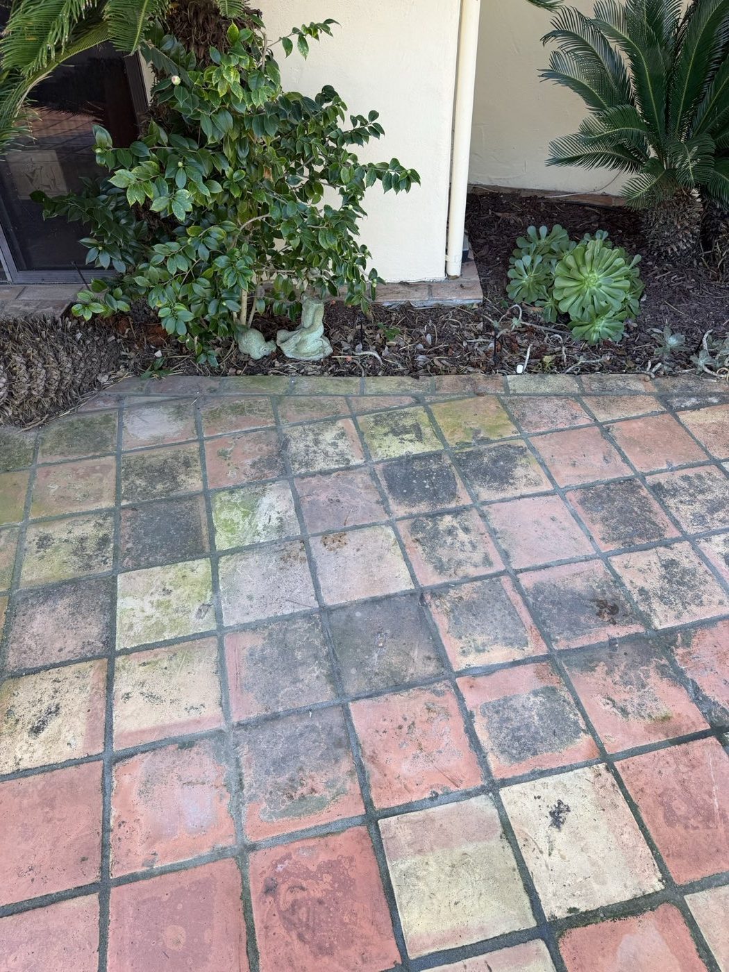 Saltillo tile patio dulled by grime and dark staining in the grout lines before cleaning
