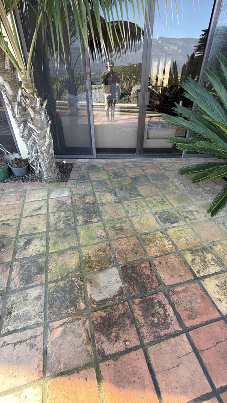 Patio tile beside a sliding door mottled with moss and mildew before cleaning