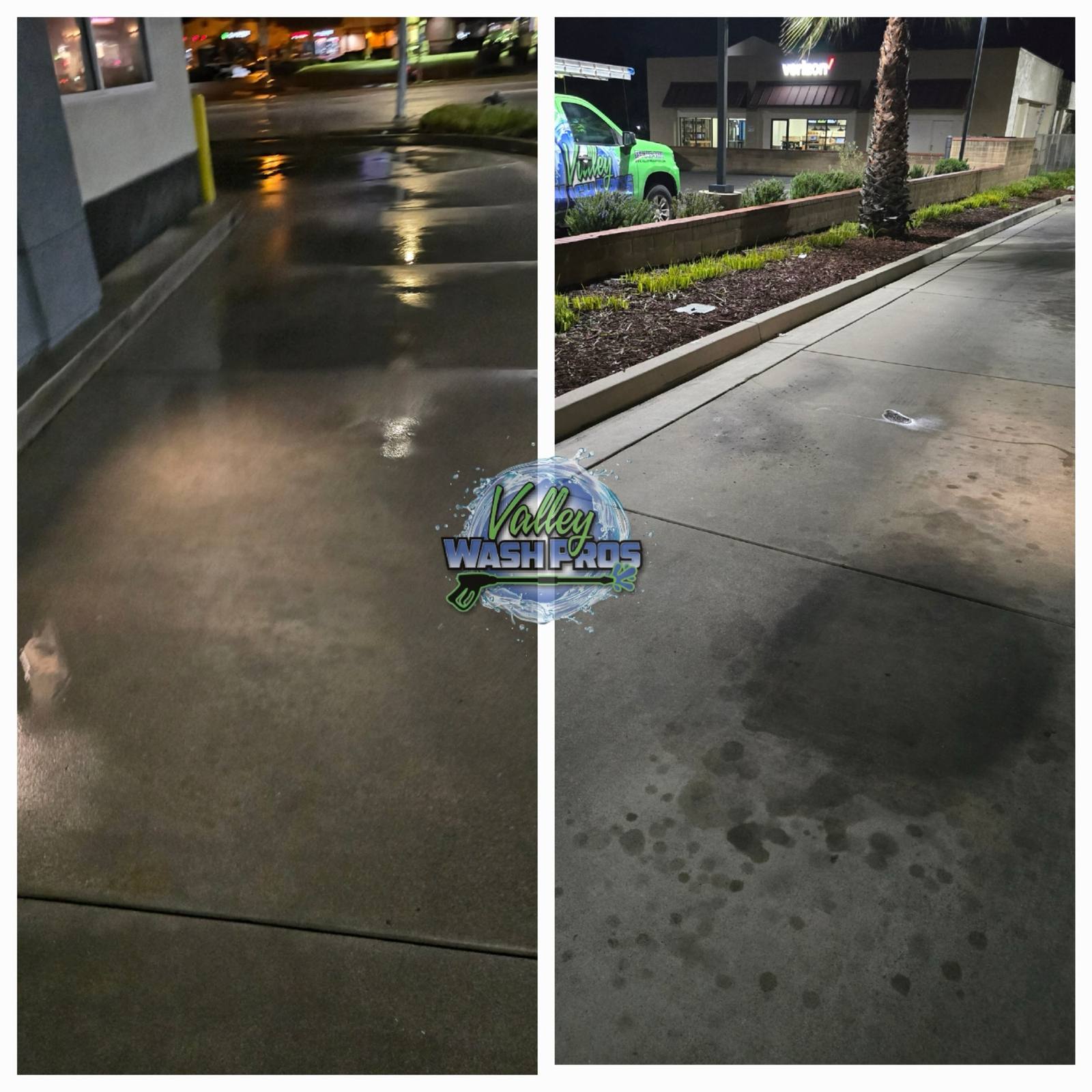Before and after commercial concrete pressure washing by Valley Wash Pros