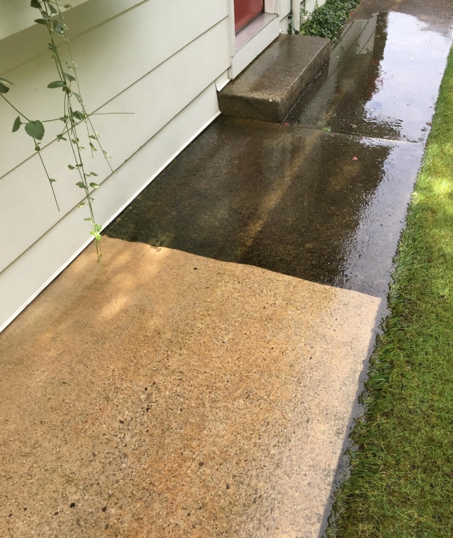 Valley Wash Pros washing a residential concrete walkway clean in the Central Valley