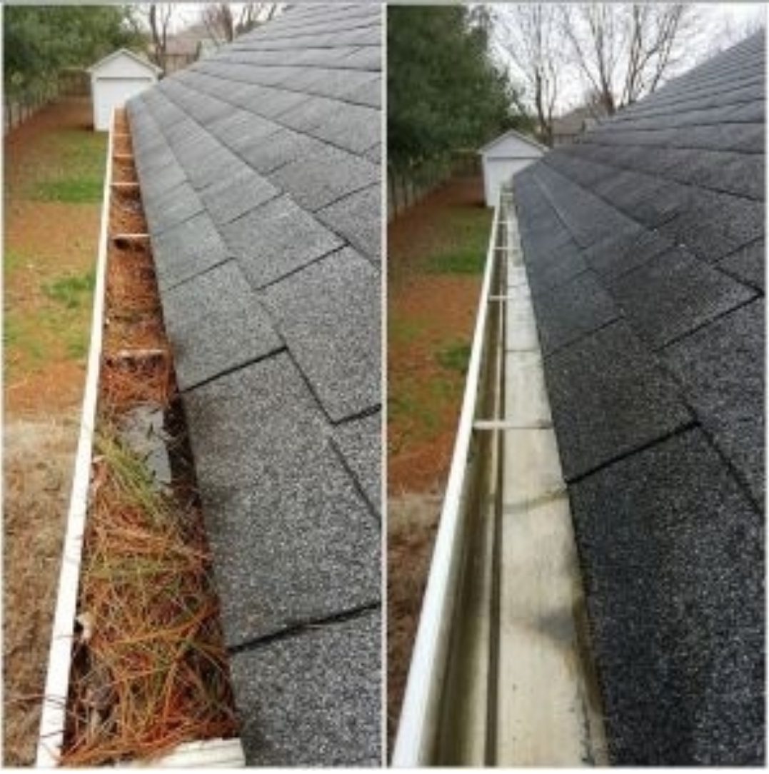 Central Valley gutter packed with pine needles and standing water before cleaning, and the same gutter clear and draining afterwards