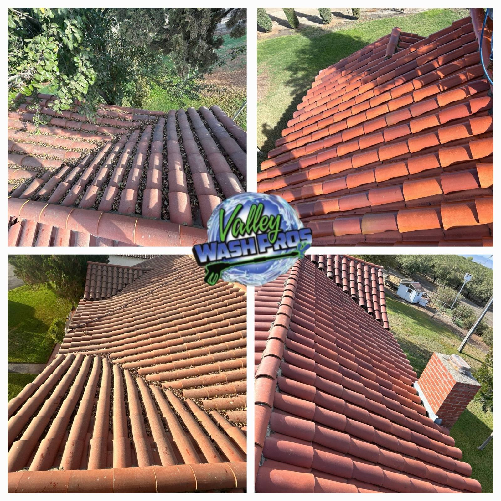 Four panel before and after of a clay tile roof in the Central Valley, leaf litter and darkened tile on one side and clean tile on the other