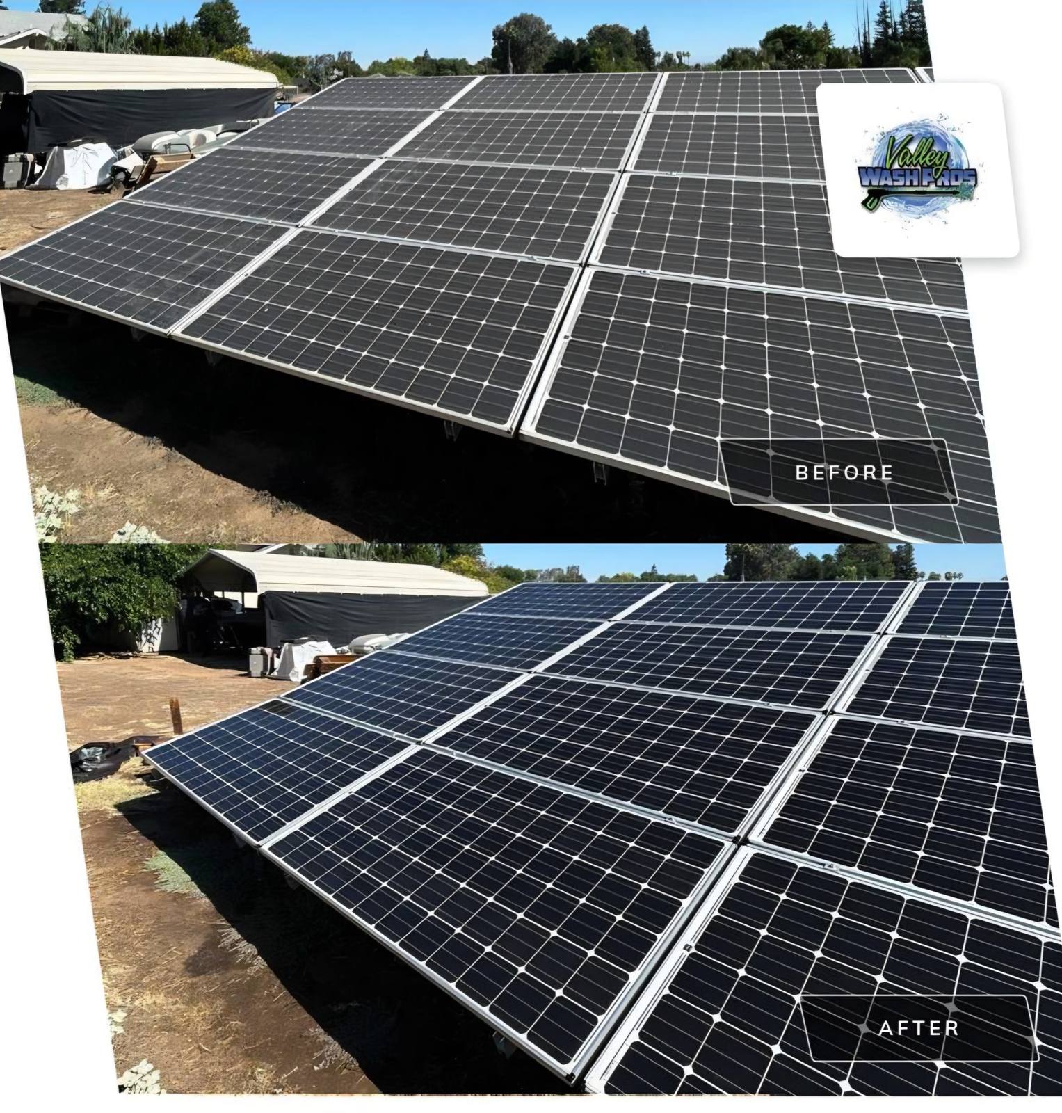 Before and after solar panel cleaning by Valley Wash Pros